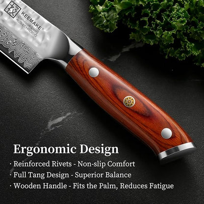 KEEMAKE Kiritsuke Chef Knife, 8 Inch Damascus Japanese Kitchen Knife with Ergonomic Pakkawood Handle, Ultra Sharp Non-Slip Cooking Knife with Ash Sheath & Dad Gift Box