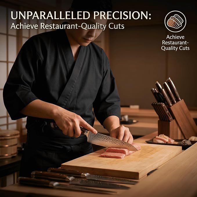 Methway Knife Set, 15-Piece Kitchen Knife Set with Block, High Carbon Stainless Steel Japanese Knife Set, Sharp Hammered Finish, Full Tang, Ergonomic Wood Grain Handle, Dishwasher Safe, Brown