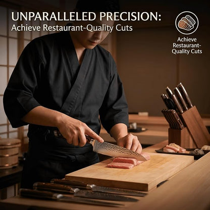 Methway Knife Set, 15-Piece Kitchen Knife Set with Block, High Carbon Stainless Steel Japanese Knife Set, Sharp Hammered Finish, Full Tang, Ergonomic Wood Grain Handle, Dishwasher Safe, Brown