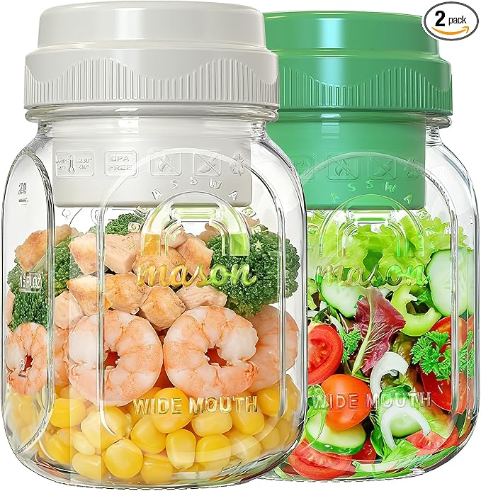 [UPGRADE] 2 Pack Salad Jars with Silicone Dressing Cup, 32 Oz Salad Container for Lunch Meal Prep w Foldable Fork, Separation Divider for Dry Food & Wet Sauce, Salad Pod On The Go for Overnight Oats