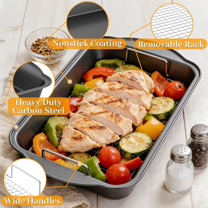 8PCS Deep Baking Pan Set, 14/15.9/17.5 Inch Nonstick Oven Pan with Cooling Racks & Oven Mitts, Heavy-Duty Roasting Pan with Wide Handles for Cakes, Lasagna and Meat, Black