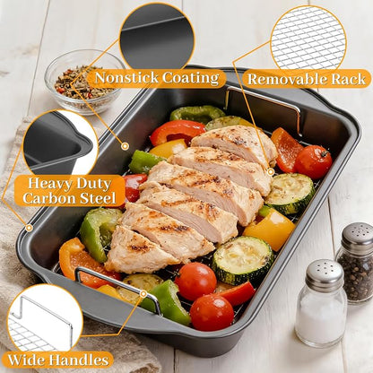 8PCS Deep Baking Pan Set, 14/15.9/17.5 Inch Nonstick Oven Pan with Cooling Racks & Oven Mitts, Heavy-Duty Roasting Pan with Wide Handles for Cakes, Lasagna and Meat, Black