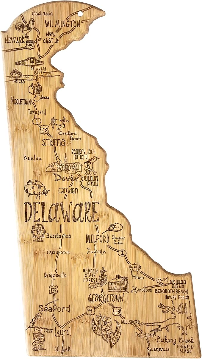 Totally Bamboo Destination Delaware State Shaped Serving and Cutting Board, Includes Hang Tie for Wall Display