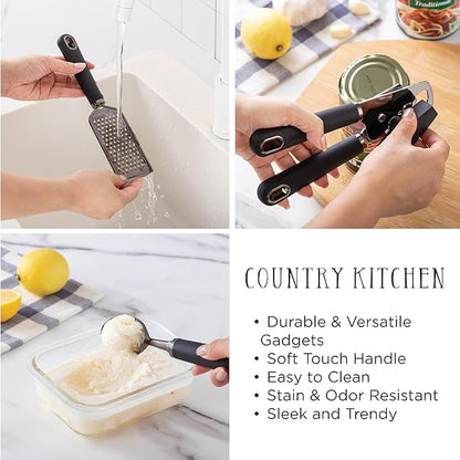 Country Kitchen 6 Pc Essentials Kitchen Stainless Steel Gadget Set Black Gun Metal with Soft Touch Black Handles for Cooking