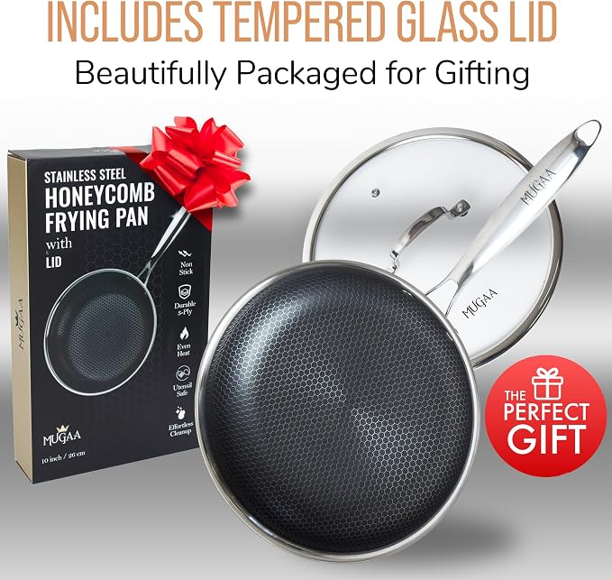 10 Inch Stainless Steel Frying Pan - Hybrid Nonstick Honeycomb Skillet with Lid - Induction Compatible - Dishwasher Safe - Oven Safe