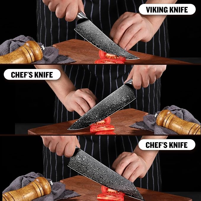 Freelander Damascus Knife Set 8.5 inch, Chef Knives with 6.1 inch Viking Knife, VG10 Core, 67 Layer Steel, Walnut Handles, Full Tang