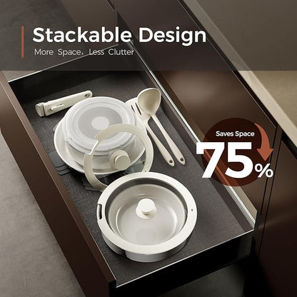 16PCS Pots and Pans Set Non Stick, Diamond-Titanium Ceramic Cookware Set & 3 Layer Stainless Steel with Detachable Handle, Induction Cookware, Non Toxic Oven/Dishwasher Safe, White