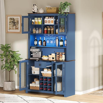 VilroCaz 70.9" Tall Farmhouse Kitchen Pantry Buffet Cabinet with Doors, Drawer and Shelves Wine Rack, Wooden Kitchen Hutch Cabinet with LED Outlets for Dining Room (Navy Blue-R)