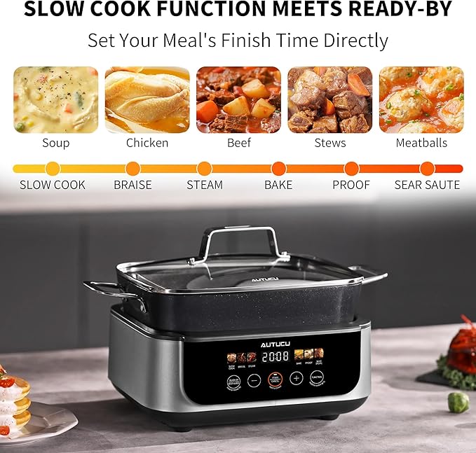 Slow Cooker 7 Quart | Programmable Multi-Cooker PFOA-Free Ceramic Coating, Steamer, Sear sauté, Warm Function (Includes Silicone Spoon)
