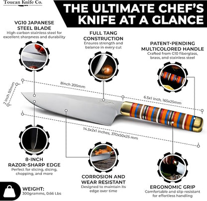 TOUCAN Chef Knife – 8-inch Blade Kitchen Knife – High-Hardness Japanese Steel Knives and Multicolored Handle – Ultra-Sharp Paring Knives – Birthday Gifts for Women and Men
