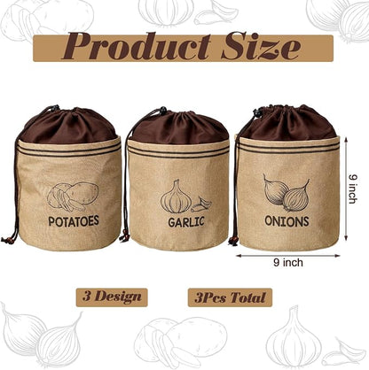3 Pcs Potato Onion Garlic Storage Bag, Washable Vegetable Storage Bags with Blackout Lining Farmhouse Kitchen Potato Sacks Food Onion Garlic Container for Pantry(Classic,Barncloth)