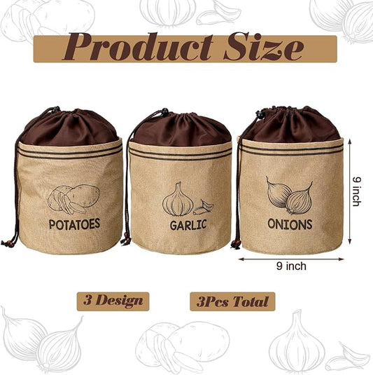 3 Pcs Potato Onion Garlic Storage Bag, Washable Vegetable Storage Bags with Blackout Lining Farmhouse Kitchen Potato Sacks Food Onion Garlic Container for Pantry(Classic,Barncloth)