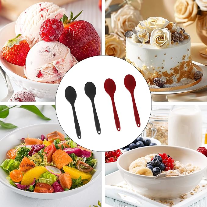 Zorfeter 4 Pcs Small Silicone Spoons, Nonstick Kitchen Spoon Heat Resistant Stirring Serving Spoon for Kitchen Cooking Baking Mixing Tools(Red+Black)