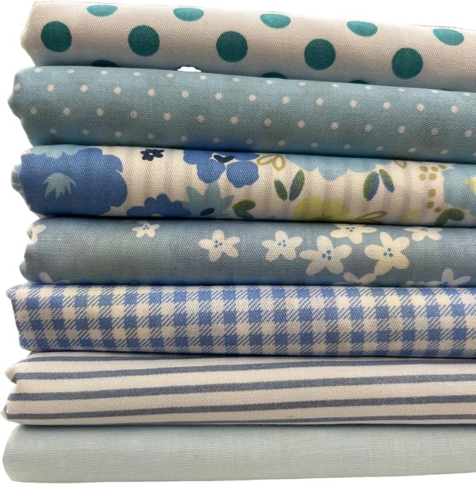 7 pcs 20" x 20" Cotton Fabric DIY Making Supplies Quilting Patchwork Fabric Fat Quarter Bundles DIY for Quilting Cotton Patchwork Cushions (Blue Flowers, 20" x 20")