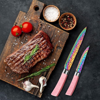 Rainbow Titanium Knife Set, Non Stick Thick and Sharp Stainless Steel 15 Pcs Cutlery Kitchen Knives Set with Acrylic Block, Chef Quality for Home & Pro Use, Best Gift, Pink Color