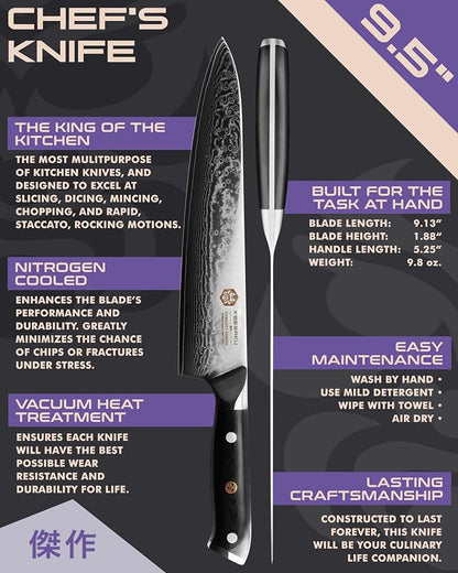 KESSAKU Chef Knife - 9.5 inch - Damascus Dynasty Series - Razor Sharp Kitchen Knife - Forged 67-Layer Japanese AUS-10V High Carbon Stainless Steel - G10 Garolite Handle with Blade Guard