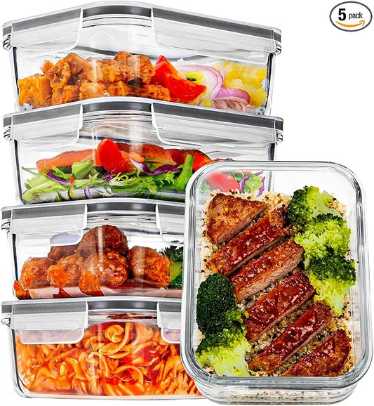 Vtopmart 5Pack 30oz Glass Storage Containers with Lids, Glass Meal Prep Food Container Sets with Snap Airtight Lid for Microwave, Oven, Freezer and Dishwasher, Grey