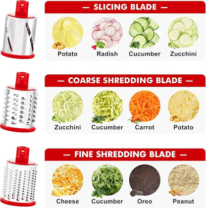 GDL Cheese Grater Hand Crank - Upgraded 6-in-1 Cheese Grater with Handle and Strong Suction Base, Multi-purpose Cheese Shredder Vegetable Slicer Ice Shaver for Potato, Vegetables, Nuts, Chocolate