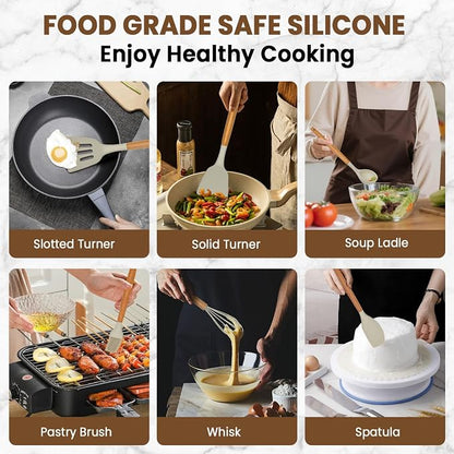 Kitchen Utensils Set - 12 Pcs Silicone Cooking Utensils Set with Wooden Handle - Heat Resistant Non-Stick BPA Free Spatula Set,Turner, Spoon, Brush, Silicone Kitchen Gadgets Utensil Set