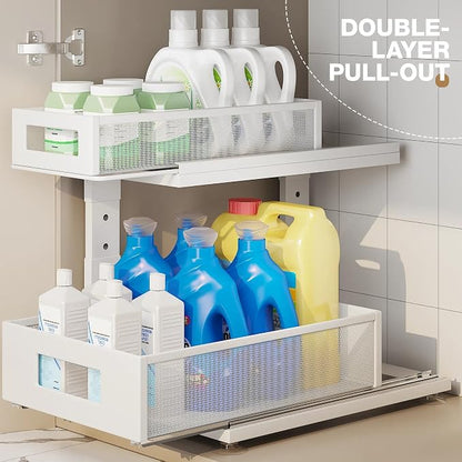 1 Pack 15.74IN-Depth Under Sink Organizer with Next-Gen Ball-Bearing Slides,2-Tier Pull Out Cabinet Storage,Height Adjustable Drawer Shelf for Bathroom,Kitchen,Laundry,Cabinet,Pantry-White