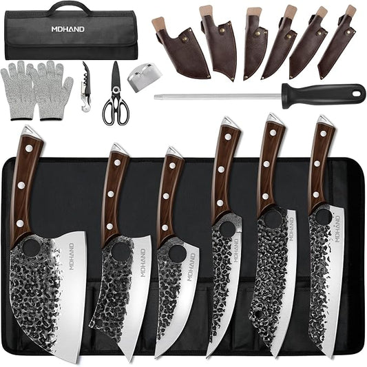MDHAND Butcher Knife Set, 18PCS Hand Forged Serbian Chef Knife Set with Bag, Full Tang Kitchen Knife Sets with High Carbon Steel, Meat Cleaver Butcher Boning Knife for Brisket Trimming, Gift for Men
