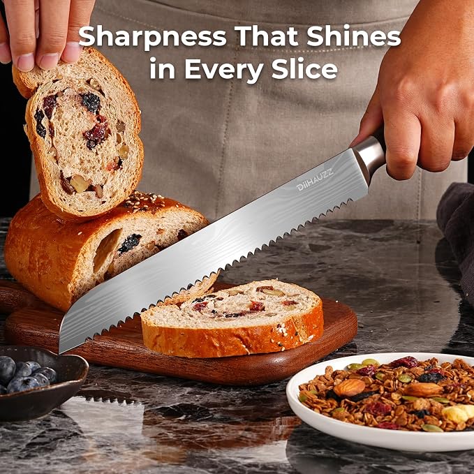 DiiHAUZZ Bread Knife, 10 Inch High Carbon Steel Blade, Pakkawood Handle | Ultra Sharp Serrated Edge, Ergonomic Handle, Roll Forged, Homemade Bread Loaf Bagel Cutter, Sourdough Slicer, Gift Box
