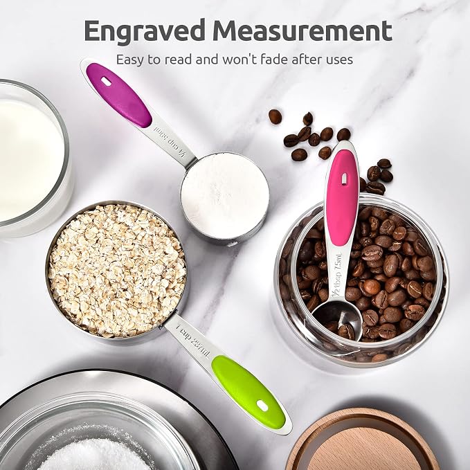 U-Taste Measuring Cups Spoons Set: 18/8 Stainless Steel 12 Pieces Stacking Kitchen Baking Cooking Food Measure Scoop Set, 7 Cups & 5 Spoons with Strengthened Weld Joints (Color, Upgraded Version)