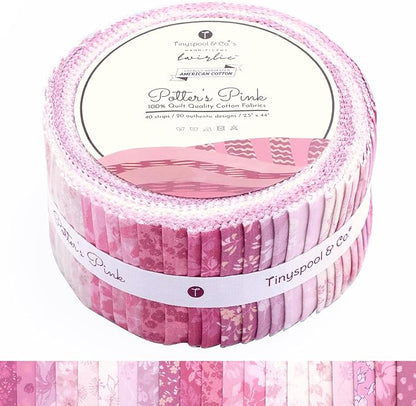 Tinyspool & Co.'s Twirlie Roll 40 Precut Quilting Fabric Strips for Quilting Supplies, Crafting, Sewing, Soft Cotton Strip for Blanket, Rug, Upholstery, Home Decor, and Purse Making, Potter’s Pink