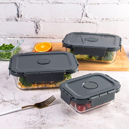 10 Pack Glass Food Storage Containers with Lids, Airtight Meal Prep Containers, Glass Lunch Containers Built in Air Vents, Dishwasher Safe, Grey