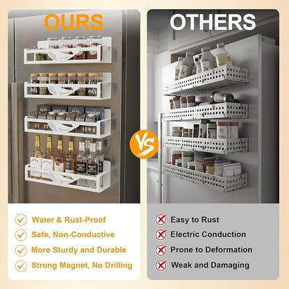 Magnetic Spice Rack for Refrigerator, 4-Pack Metal Seasoning Organizer for Kitchen Storage Organization, Space Saving Magnetic Shelf for Fridge, Pantry, Laundry Room, White