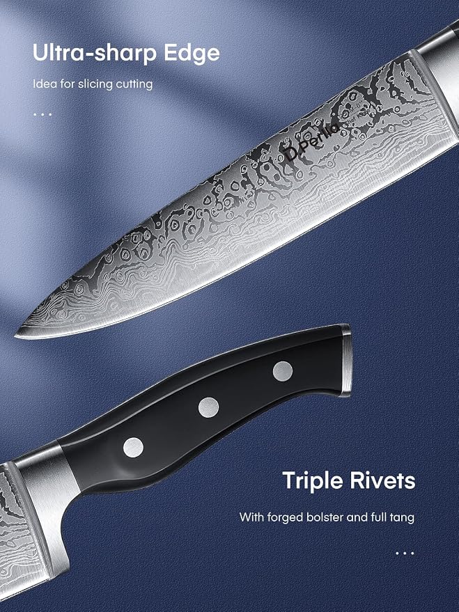 Knife Set, D.Perlla 15 Pieces Kitchen Knife Set with Built-in Sharpener, High Carbon Stainless Steel Knife Block Set with Unique Waved Pattern, Triple Riveted Ergonomic Handle, Black