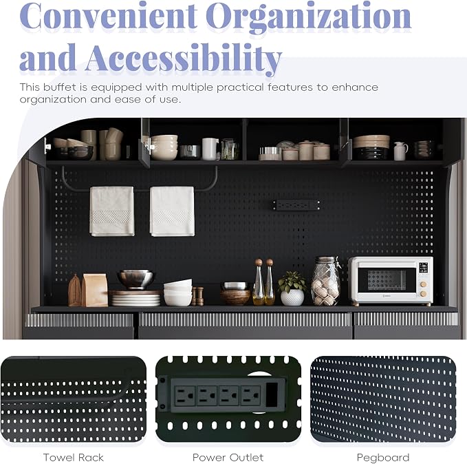 VilroCaz Freestanding Large Kitchen Pantry, Wooden Kitchen Large Coffee Bar Storage Cabinet with 6 Drawers, 5 Cabinets with Adjustable Shelves, Pegboard, Towel Rack, Power Outlet (Black-po)