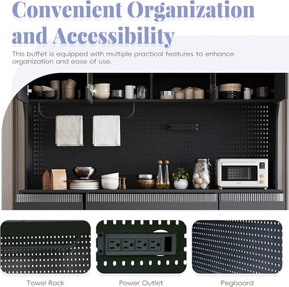 VilroCaz Freestanding Large Kitchen Pantry, Wooden Kitchen Large Coffee Bar Storage Cabinet with 6 Drawers, 5 Cabinets with Adjustable Shelves, Pegboard, Towel Rack, Power Outlet (Black-po)
