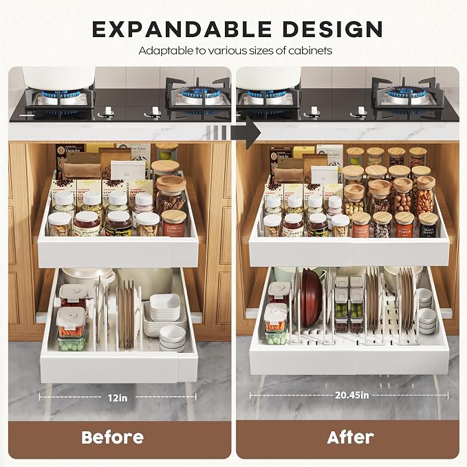 Seinloes 4Pack Expandable Pull Out Cabinet Organizer 21"Deep with Raising Pad for Framed Cabinets,Slide Out Drawers with 4pcs Divider Racks,Roll Out Shelves Adhesive,Adjustable Width 12.05"-20.4"White