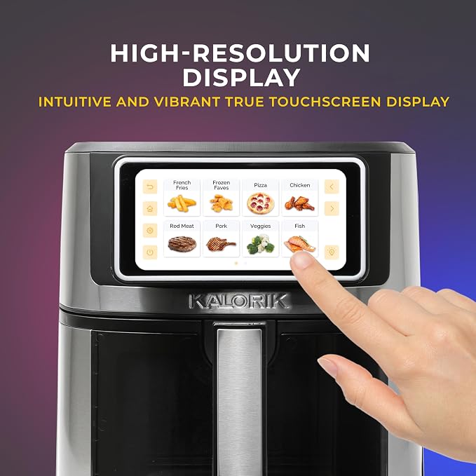 Kalorik Air Fryer VIVID TOUCH Series 7 Quart Capacity with High-Resolution Touchscreen 200 Cooking Presets in 12 Food Categories with View Window, 1500-Watts, Stainless Steel