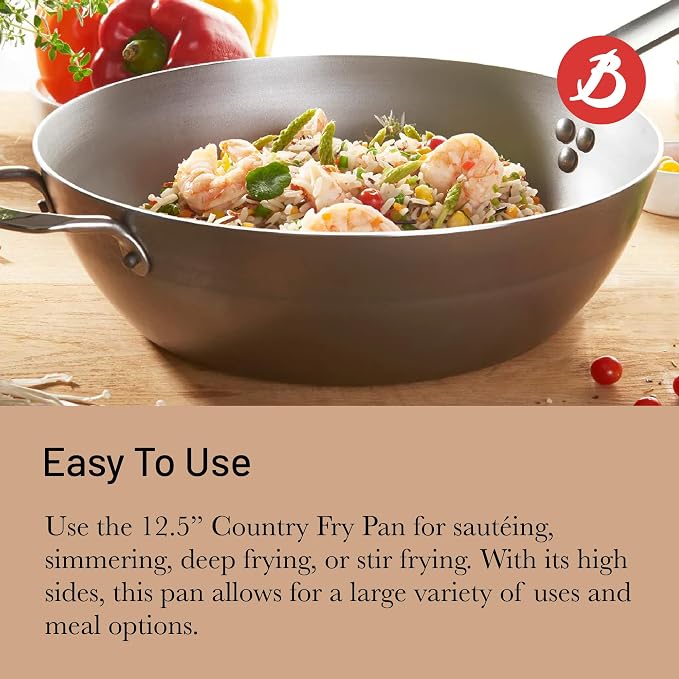 de Buyer MINERAL B Carbon Steel Country Fry Pan - 12.5” Diameter, 8.9” Cooking Surface - Ideal for Sauteing, Simmering, Deep & Stir Frying, One-Pan Meals - Naturally Non-Stick Finish - Made in France