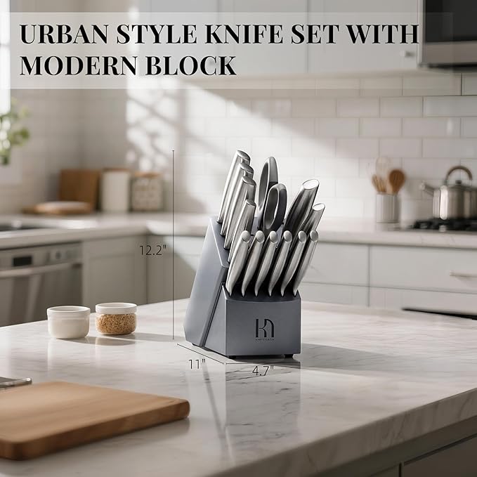 KnifeSaga Knife Set, 14 Pcs Premium Japanese High Carbon Stainless Steel Kitchen Knife Set, Razor Sharp Knife Block Set with Built-in Sharpener, Quality Acacia Wood Block Knife Sets Ergonomic Handle