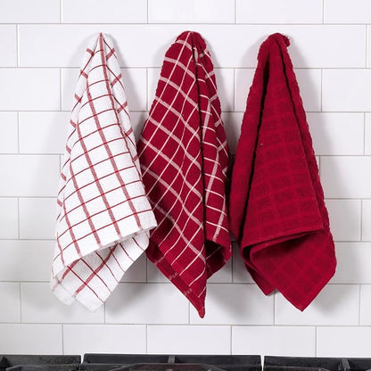 Ritz Premium 100% Cotton Terry Check Kitchen Dish Towels - Highly Absorbent, Super Soft, Long-Lasting, 25"x15", 3-Pack, Paprika Red