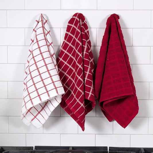 Ritz Premium 100% Cotton Terry Check Kitchen Dish Towels - Highly Absorbent, Super Soft, Long-Lasting, 25"x15", 3-Pack, Paprika Red