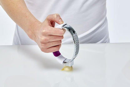 Crisp Garlic Press Rocker - Stainless Steel Garlic Crusher Mincer - Ergonomic Handle Garlic Cloves Grater, Squeezer - Kitchen Gadget Food Grade Chopper, Grinder, Peeler - Easy Clean (White/Purple)