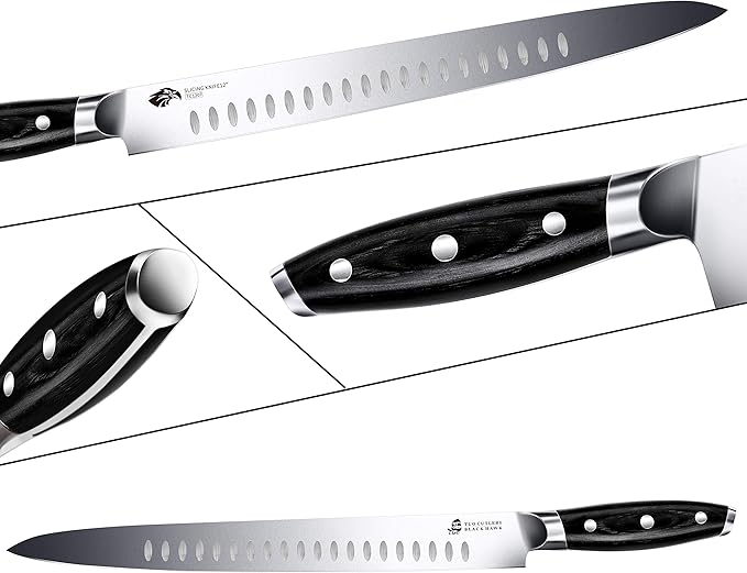 TUO Carving Knife - 12 Inch Brisket Slicing Knife for Grilled Meat and Bacon - High Carbon German Steel - Pakkawood Handle with Gift Box - BLACK HAWK SERIES