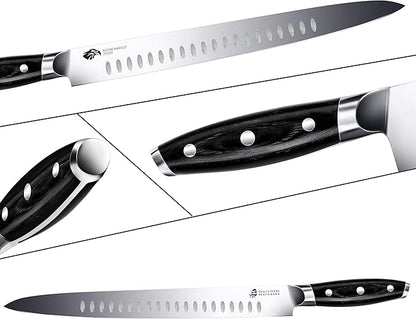 TUO Carving Knife - 12 Inch Brisket Slicing Knife for Grilled Meat and Bacon - High Carbon German Steel - Pakkawood Handle with Gift Box - BLACK HAWK SERIES