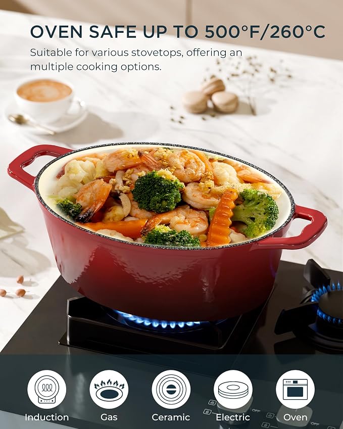 Enameled Cast Iron Dutch Oven - 9.3QT Dutch Oven Pot with Lid & Cotton Potholders - Heavy-Duty Non Stick Casserole Pot for Braising, Stews, Roasting, Baking, Suitable for All Stovetops, Cherry Red