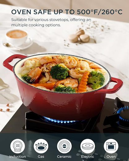 Enameled Cast Iron Dutch Oven - 9.3QT Dutch Oven Pot with Lid & Cotton Potholders - Heavy-Duty Non Stick Casserole Pot for Braising, Stews, Roasting, Baking, Suitable for All Stovetops, Cherry Red