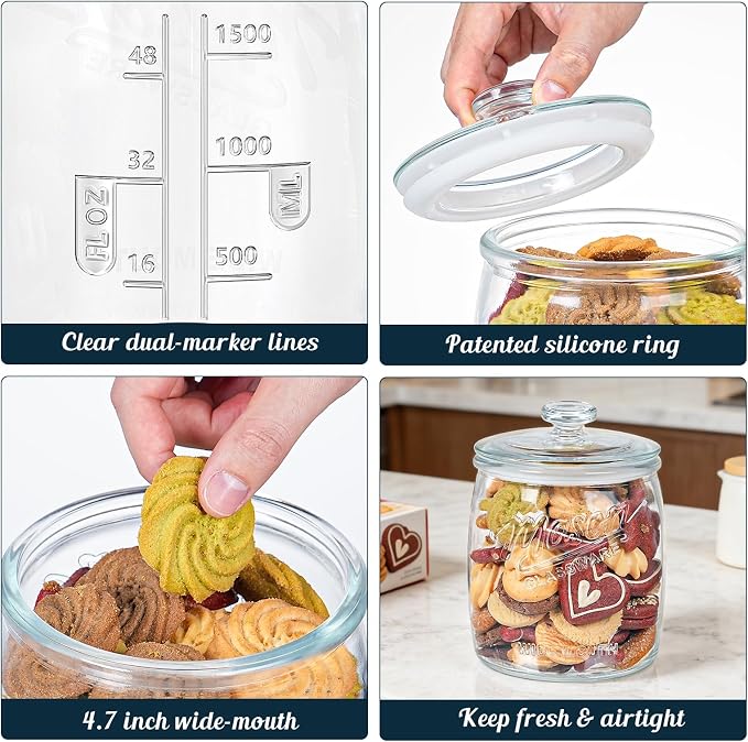 Half Gallon Cookie Jar, Glass Flour Sugar Storage Container for Kitchen Pantry & Laundry Room,Wide Mouth Mason Jar for Sourdough Starter, Candy, Flour, Dog Treats, Coffee - Set of 1