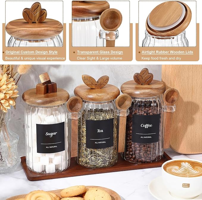 Suclain 3 Pcs Glass Coffee Container with Acacia Wood Lid & Spoon, 25 oz Airtight Glass Jar with Wooden Shelf, Food Storage Containers Coffee Jar Tea Container(Acacia Color)