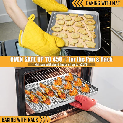 Baking Sheet with Rack & Silicone Mat Set, E-far 12.4”x9.7” Stainless Steel Cookie Sheet Broiling Pan for Oven, Rimmed Metal Tray with Wire Rack for Cooking/Cooling/Bacon/Steak - Dishwasher Safe