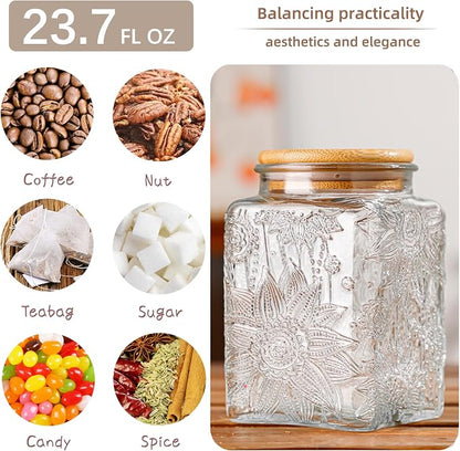Custde Glass Storage Jars With Airtight Lid, 23.7oz Canister For Kitchen Counter with Bamboo Lid, brown sugar, candy, coffee, cookie, salt, tea,pantry cute Jar (Square Sunflower)