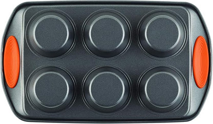 Rachael Ray Yum-o! Nonstick Bakeware Oven Lovin' Cups Muffin Pan 6-Cup, Gray with Orange Handles