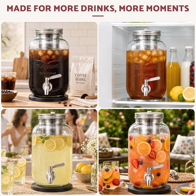 JunVpic Cold Brew Coffee Maker – 128oz / 1 Gallon Wide Mouth, Leakproof Heavy-Duty Glass Pitcher with Filter & Spigot for Iced Coffee, Lemonade, Ice Tea & Fruit Drinks